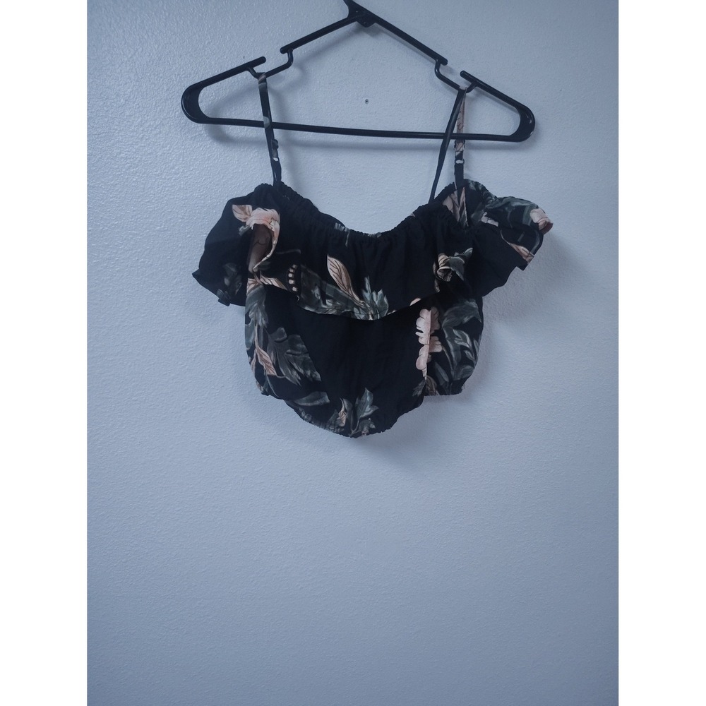 Feathers Floral Crop‎ Top Black Off The Shoulder Ruffle Strappy Summer Blouse M